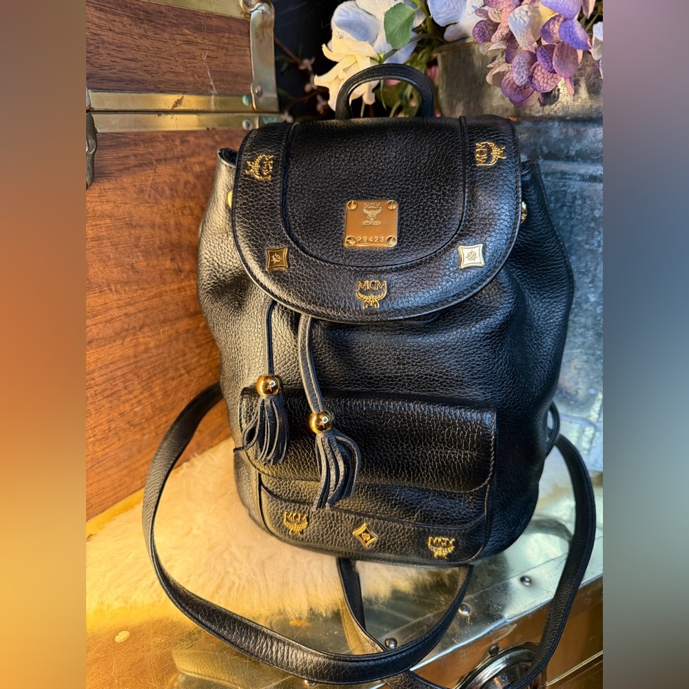 MCM Vintage Black Leather Bucket Style Backpack with Gold Details w/ dust bag